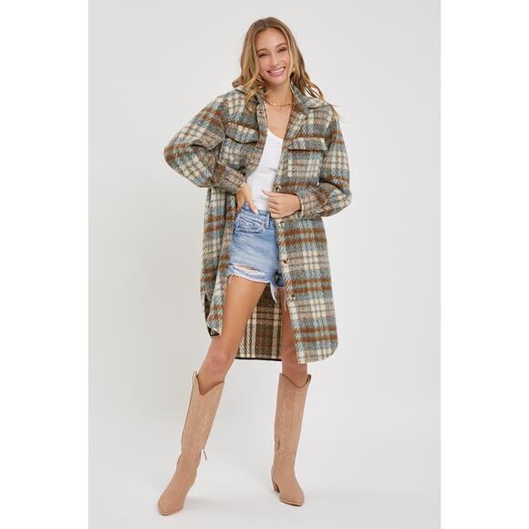 Sweet Lovely By Jen PLAID COAT SHACKET Teal Brown - Picture 3 of 7